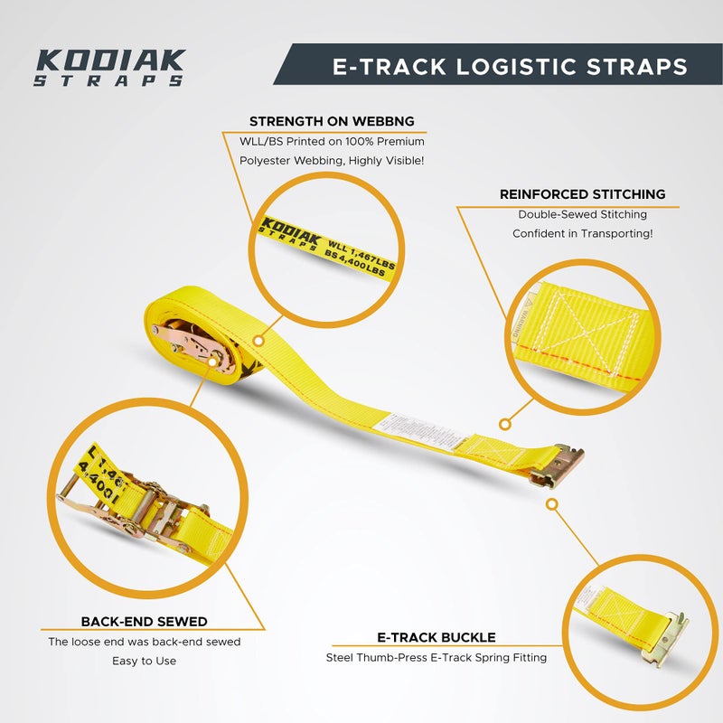 KODIAK STRAPS 6 Pack E-Track Ratchet Straps 2"" x 16' x 4 400 lbs Strength for Cargo Tie Down in Enclosed Trailer & Van by KODIAK STRAPS - Image 3